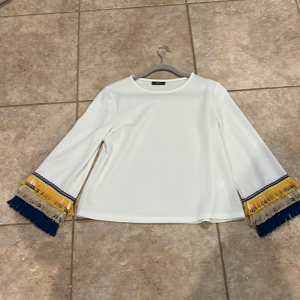 Shein Size Small white shirt with fun tassled sleeves